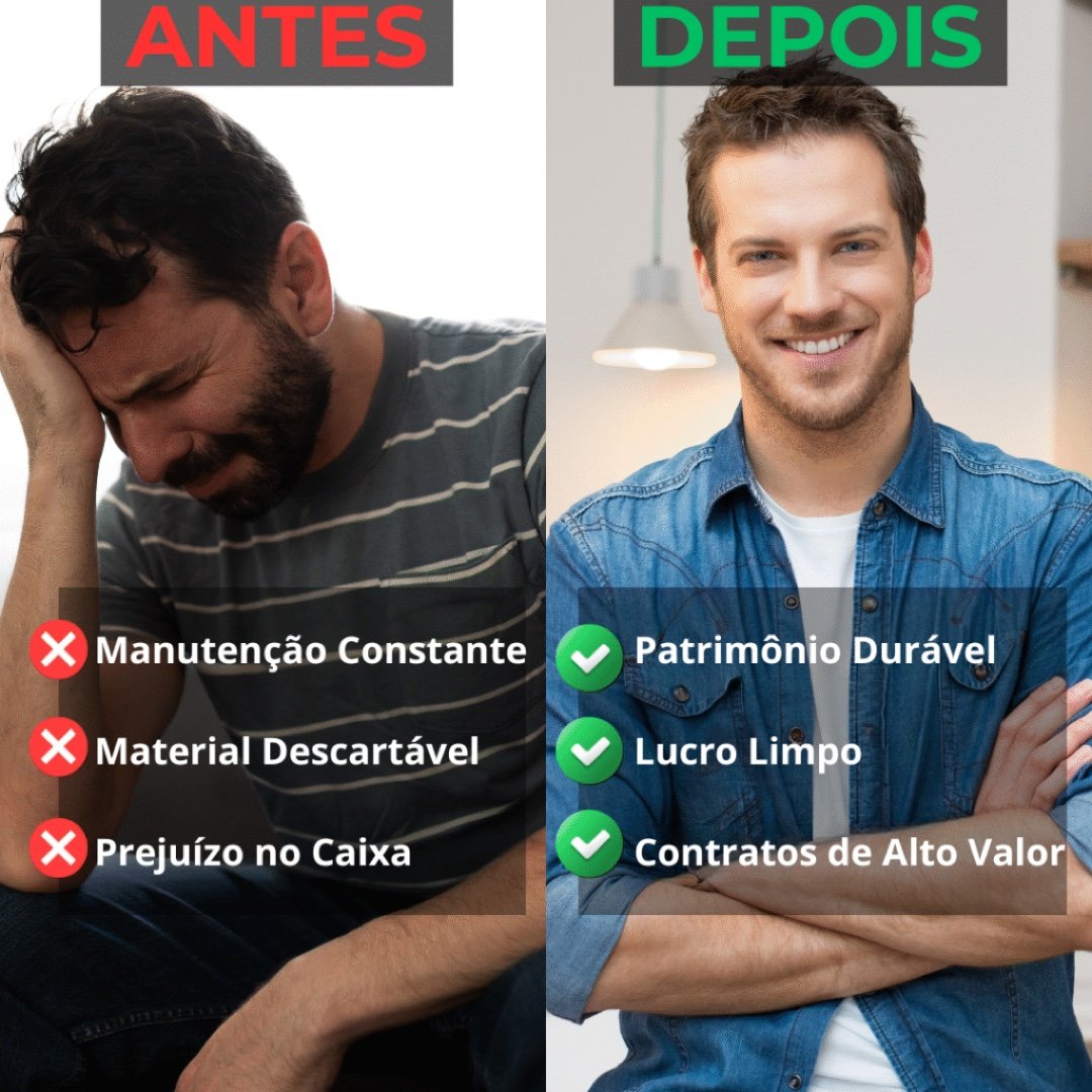 Antes: Manutenção Constante, Material Descartável, Prejuízo no Caixa. Depois: Patrimônio Durável, Lucro Limpo, Contratos de Alto Valor.